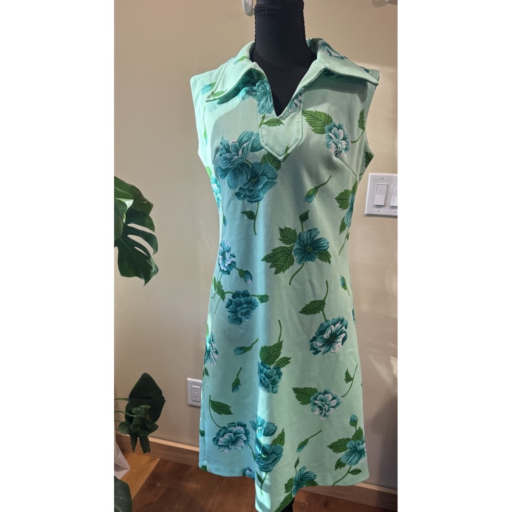 Vintage Women's Green Blue Floral Shift Dress Sleeveless Pullover Knee M/L
